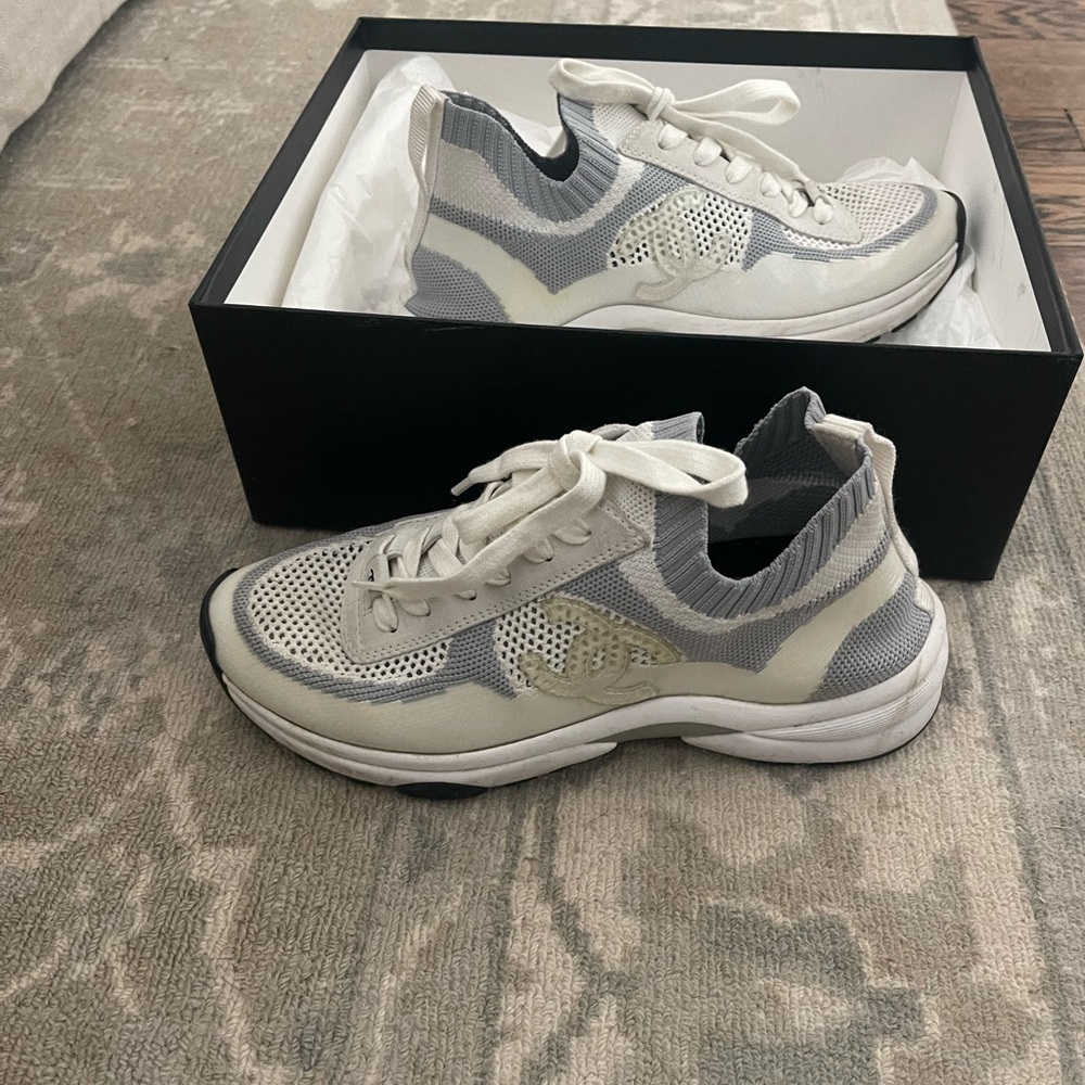 Chanel fabric knit white sneakers
